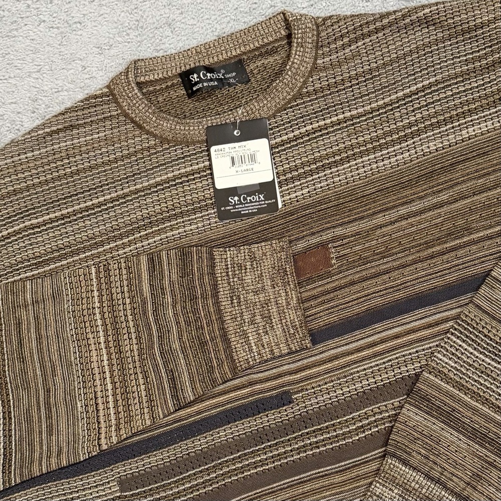 VTG St. Croix XL Handcrafted LS Crewneck Alt Row Sweater Abstract Stripe Tan Mix